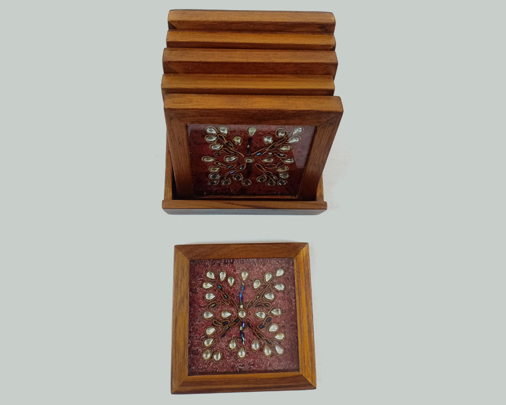 Kundan Zardozi Work Coaster - Set of 6 with holder Maroon Design - Image 3