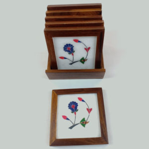 Marble Inlay Work Coaster - Set of 4 with holder