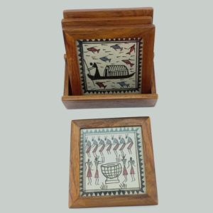 Saura Tribal Art Coaster - Set of 4 with holder