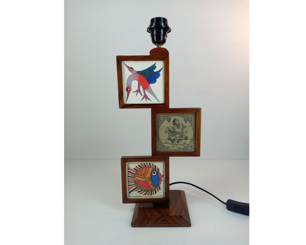 Leather/Gond/Pattachitra Mix Art: Table Lamp with shade - Image 3