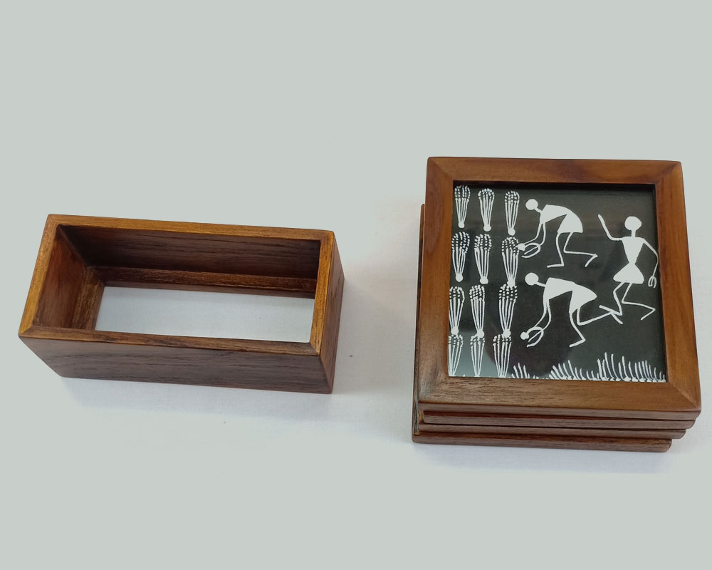 Warli Tribal Art Coaster - Set of 4 with holder Black and White Design - Image 2