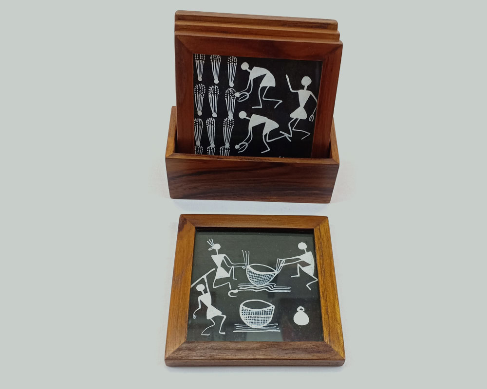Warli Tribal Art Coaster - Set of 4 with holder Black and White Design
