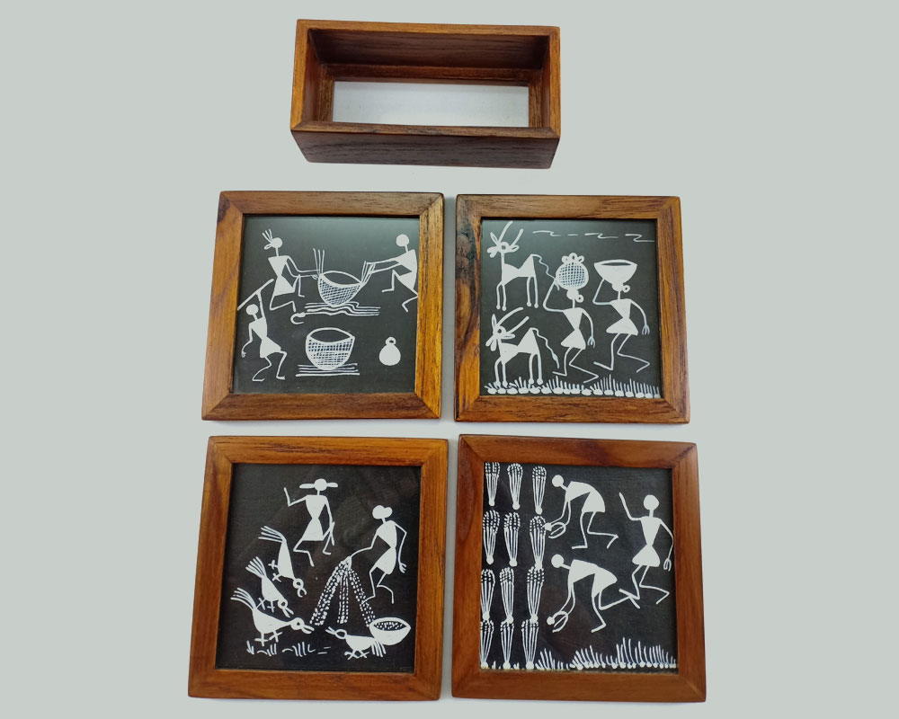 Warli Tribal Art Coaster - Set of 4 with holder Black and White Design - Image 3