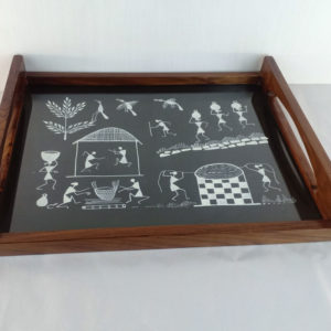 Warli Tribal Art Tray Large Black and White Design