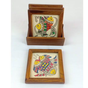 Mithila Art Coaster - Set of 4 with holder Fish No. 2