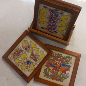 Mithila Art Coaster - set of 4 with holder Fish No.3
