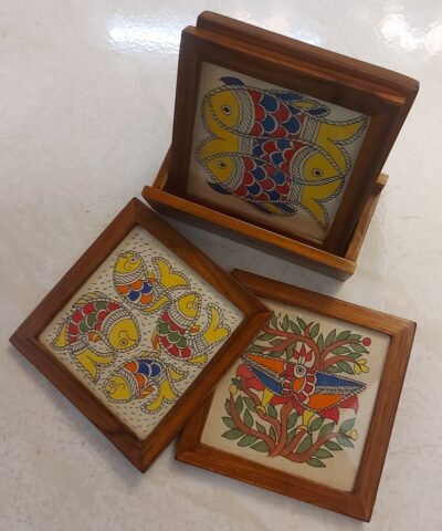 Mithila Art Coaster – set of 4 with holder Fish No.3